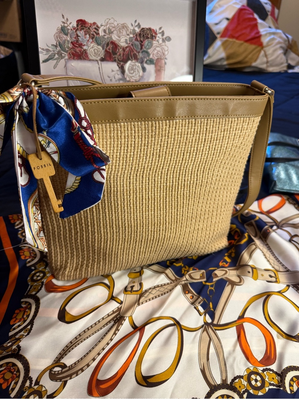 Fossil Tan Straw Tote with Navy Scarf Accent